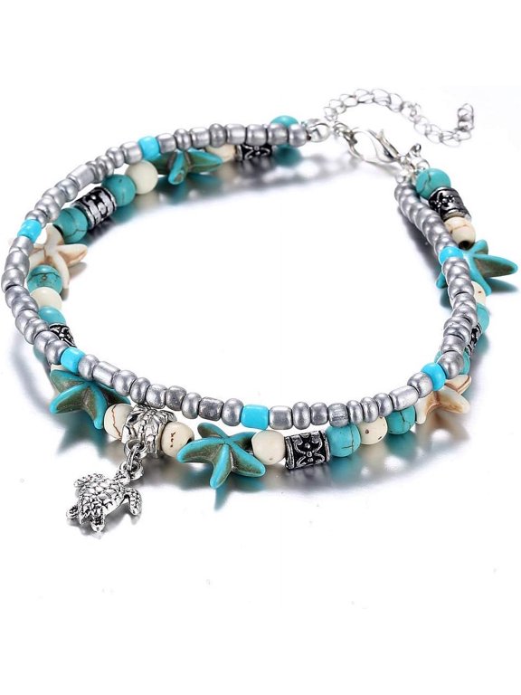 Blue Turtle Anklets for Women Multilayer Beads Handmade Beach Ankle Bracelet Set Boho Foot Jewelry