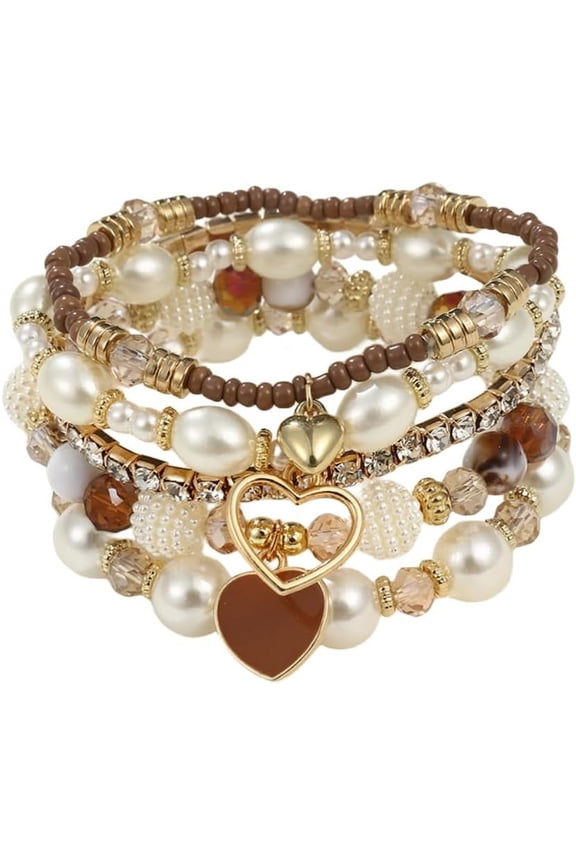 Bohemian Stackable Beaded Bracelets Set for Women Multicolor Stretch Faux Pearl Heart Crystal Stretchy Bangles Multilayered Handmade Friendship Holiday Beach Jewelry Mother's Day Gifts