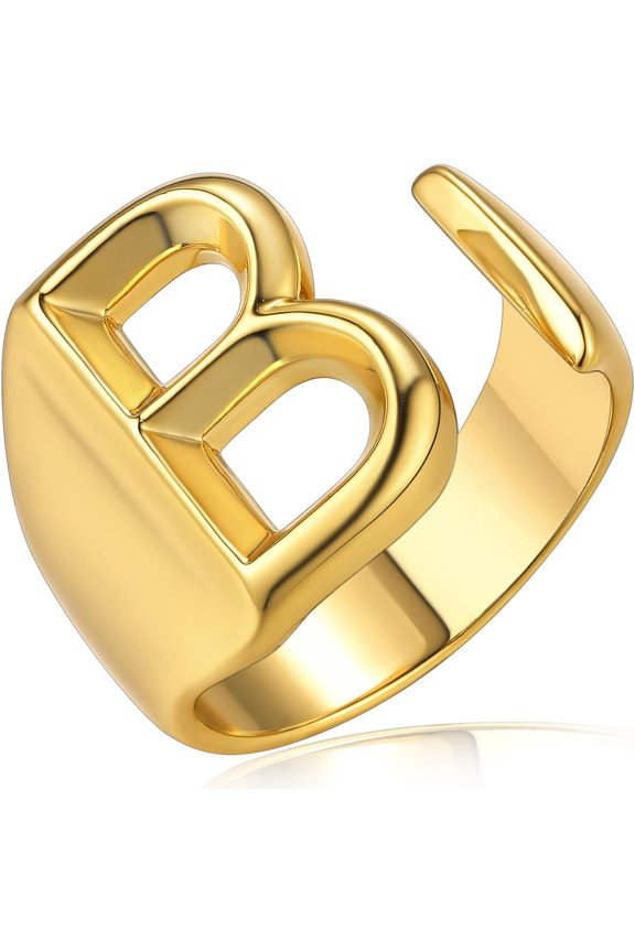 Bold Initial Letter Rings Adjustable, GoldChic Jewelry Women Gold Statement Ring Personalized Engraved Women’s Open Signet Ring for Party (Gold, White Gold, Black)