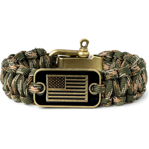 BOOTOOL Camouflage Paracord Bracelet – Men's Tactical Survival Bracelet (with Bronze-Tone US Flag) – Supporting Veterans in Obtaining Service Dogs