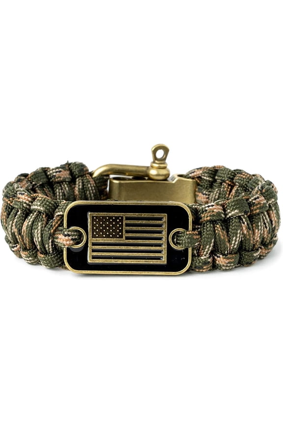 Camouflage Paracord Bracelet – Men's Tactical Survival Bracelet (with Bronze-Tone US Flag) – Supporting Veterans in Obtaining Service Dogs
