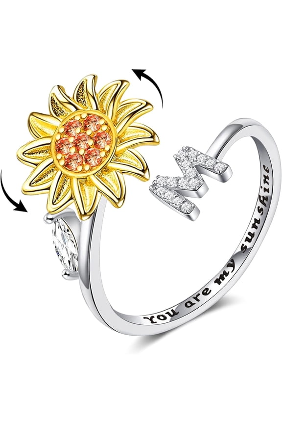 Fidget Rings for Anxiety for Women Sunflower Initial Letter Spinner Open Adjustable Ring CZ Daisy Stress Relieving Rings Jewelry Gift for Women Valentine's Day You are My Sunshine Ring