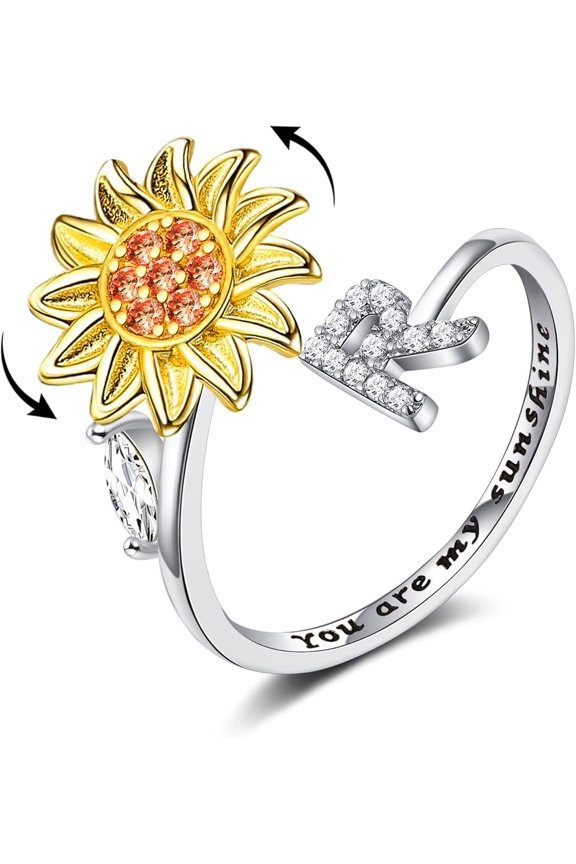 Fidget Rings for Anxiety for Women Sunflower Initial Letter Spinner Open Adjustable Ring CZ Daisy Stress Relieving Rings Jewelry Gift for Women Valentine's Day You are My Sunshine Ring