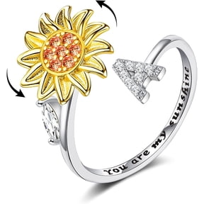 Tarien Fidget Rings for Anxiety for Women Sunflower Initial Letter Spinner Open Adjustable Ring CZ Daisy Stress Relieving Rings Jewelry Gift for Women Valentine's Day You are My Sunshine Ring