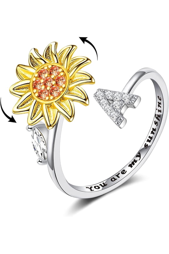 Fidget Rings for Anxiety for Women Sunflower Initial Letter Spinner Open Adjustable Ring CZ Daisy Stress Relieving Rings Jewelry Gift for Women Valentine's Day You are My Sunshine Ring