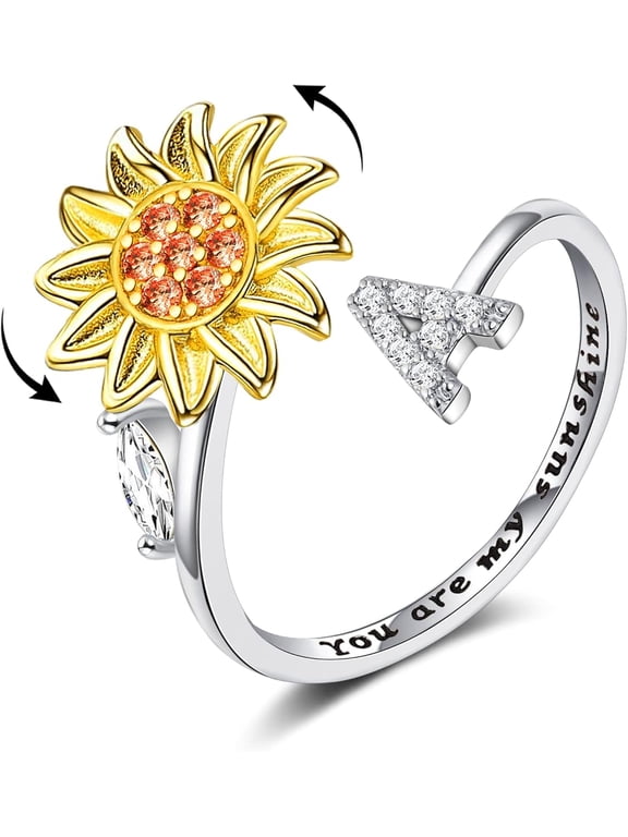 Tarien Fidget Rings for Anxiety for Women Sunflower Initial Letter Spinner Open Adjustable Ring CZ Daisy Stress Relieving Rings Jewelry Gift for Women Valentine's Day You are My Sunshine Ring