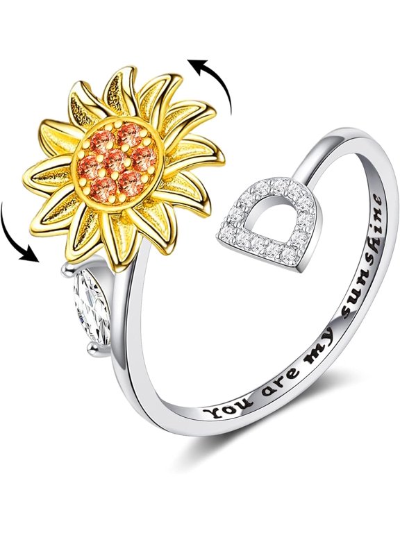 Tarien Fidget Rings for Anxiety for Women Sunflower Initial Letter Spinner Open Adjustable Ring CZ Daisy Stress Relieving Rings Jewelry Gift for Women Valentine's Day You are My Sunshine Ring