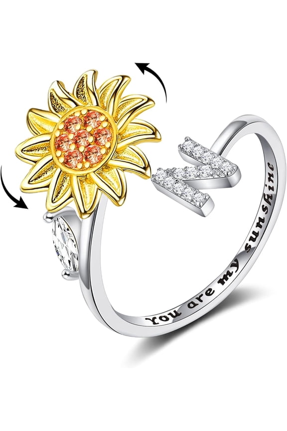 Fidget Rings for Anxiety for Women Sunflower Initial Letter Spinner Open Adjustable Ring CZ Daisy Stress Relieving Rings Jewelry Gift for Women Valentine's Day You are My Sunshine Ring
