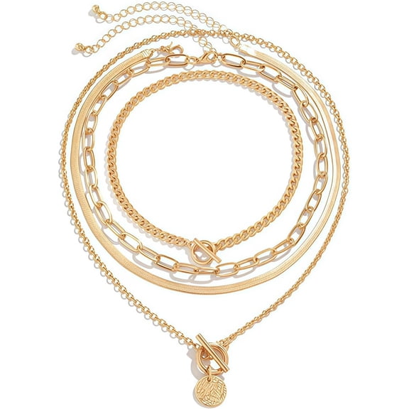 BOOTOOL Gold Layered stacked Necklaces for women 3PS Chunky Statement Necklaces Stack Mixed Metal Charm Necklace for Women Trendy Coin Jewelry Gift for Her Gifts