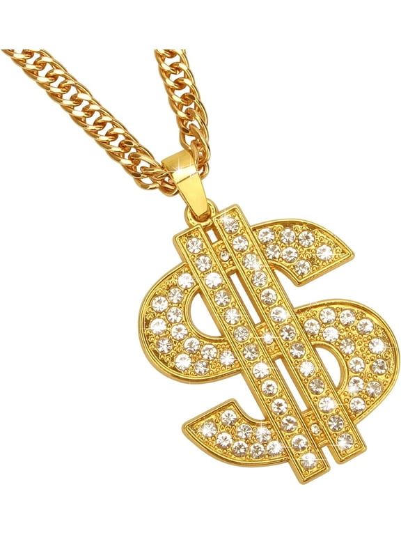 Gold Necklace Chain with Dollar Sign, 18K Gold Plated Hip Hop Chain Necklace Pendant for Men, 30inch (Rotatable,Lion Head)