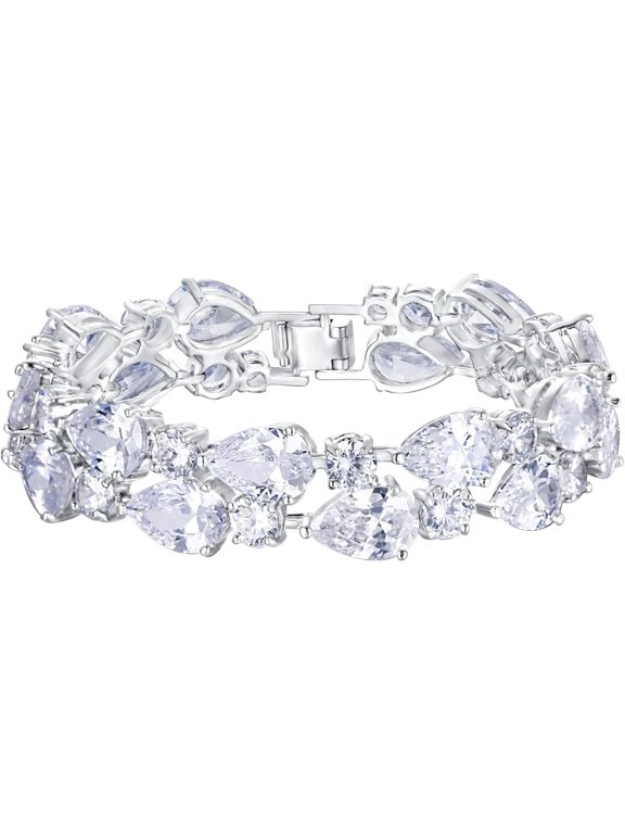 Gorgeous Cubic Zirconia Birthstone Elegant Dual Layer Tear Drop Wedding Prom Tennis Bracelet for Women