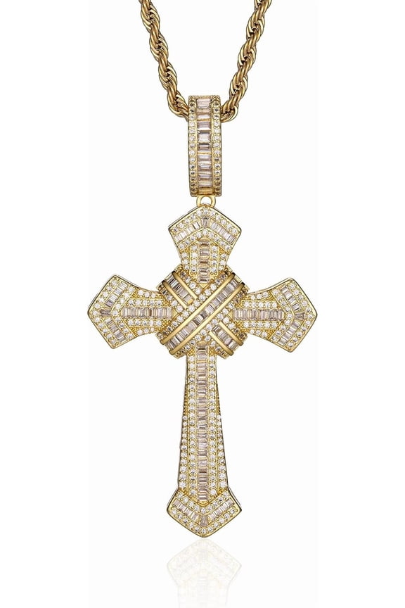 Gothic Iced Out Diamond Jesus Cross Necklace with 20" Stainless Steel Rope Chain, 14K Gold Plated Pendant Religious Faith Cross accessories Gifts, Underground Hip-Hop accessories for Men Women