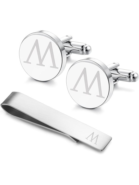 Initial Cufflinks and Tie Clip Set for Men Silver Personalized Cuff links and Tie Bar Letter Alphabet A-Z Gift for Father Husband Valentine Gifts for Men