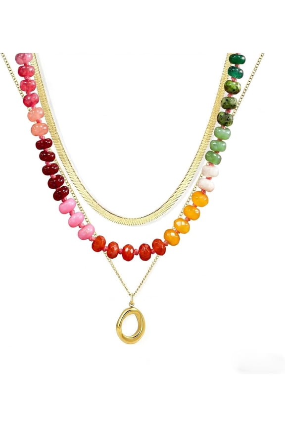Layered Beaded Necklace for Women Colorful Trendy Snake Chain Circle Pendant Choker Gold Chain Adjustable Length Bohemian Rainbow Stackable Necklaces Jewelry Gift
