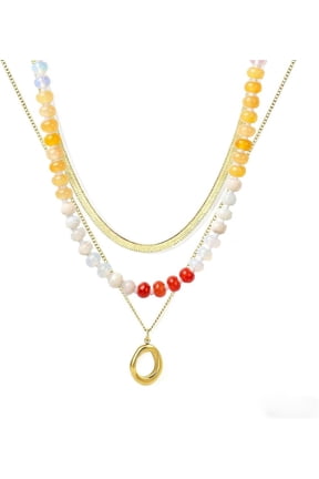 Layered Beaded Necklace for Women Colorful Trendy Snake Chain Circle Pendant Choker Gold Chain Adjustable Length Bohemian Rainbow Stackable Necklaces Jewelry Gift