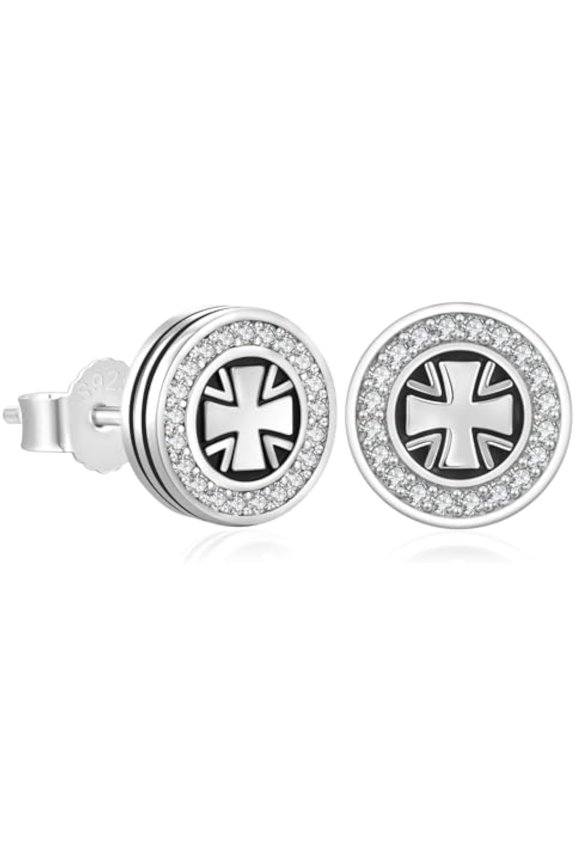 Men's Earrings, Sterling Silver Stud Earrings, Hypoallergenic, CZ Birthday Gift, Platinum Plated Black Skull Cross Stud Earrings, Rapper's Exclusive Jewelry