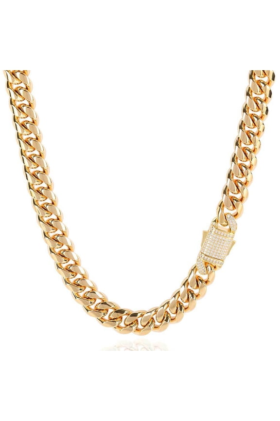 Men's Stainless Steel Cuban Chain Necklace, 14K Gold Plated Cuban Chain Necklace, Diamond Clasp, Width Available in 6mm/10mm/12mm, Length Available in 18-24 Inches, Comes with Gift Box