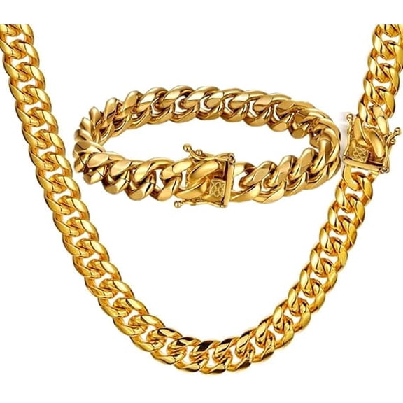 BOOTOOL Miami Cuban Chain Men's Set 10mm 18K Gold Plated Bracelet and Necklace