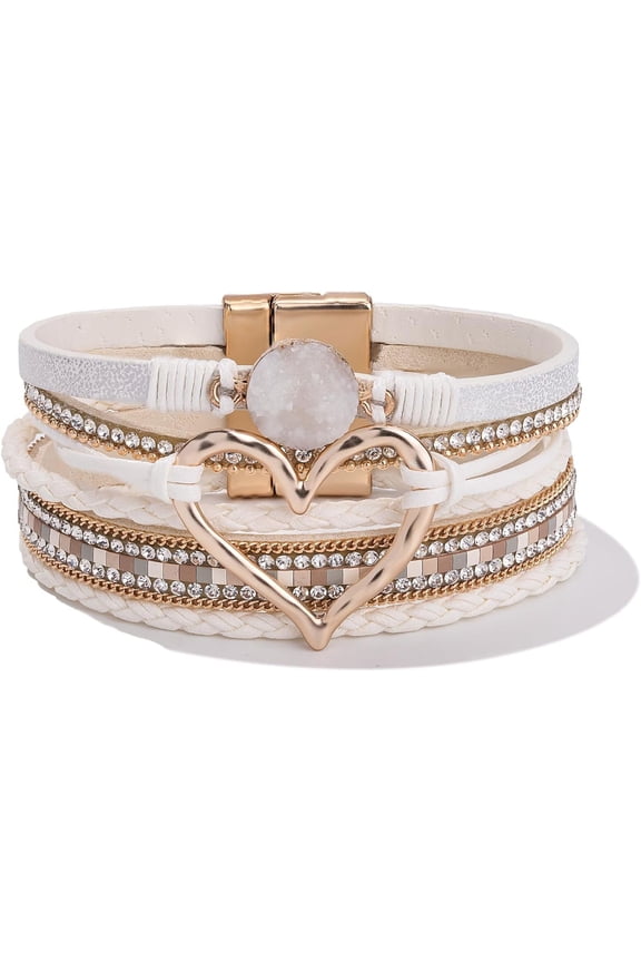 Mothers Day Gifts Heart Leather Wrap Bracelets Stackable Boho Cuff Bangles Trendy Resin Stone Rhinestone Bracelets with Magnetic Clasp for Women Valentine Gifts