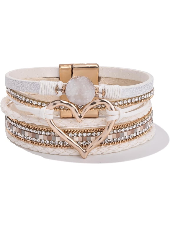 Tarien Mothers Day Gifts Heart Leather Wrap Bracelets Stackable Boho Cuff Bangles Trendy Resin Stone Rhinestone Bracelets with Magnetic Clasp for Women Valentine Gifts