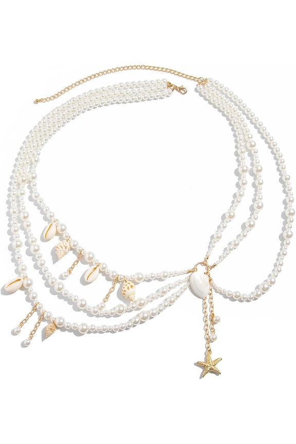 Pearl Tarien Chain Layered Waist Body Chains Mermaid Beach Conch Starfish Bikini Tarien Jewelry Fashion Beach Rave Party Club Body Accessories Jewelry for Women, 29.5-37.4 In