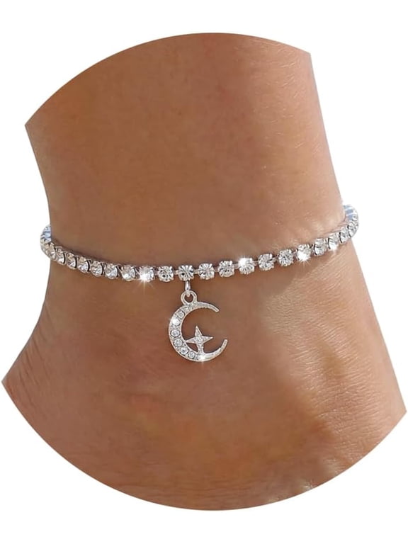 Silver Ankle Bracelets for Women, Adjustable Rhinestone Pendant Tennis Anklet, Butterfly Heart Infinite Diamond Summer Beach Foot Chain Jewelry Gifts