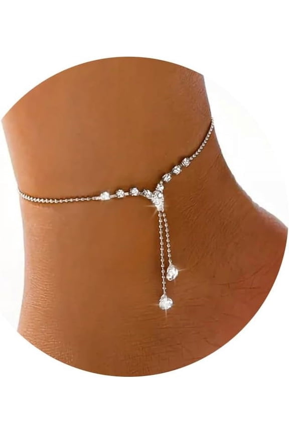 Silver Ankle Bracelets for Women, Adjustable Rhinestone Pendant Tennis Anklet, Butterfly Heart Infinite Diamond Summer Beach Foot Chain Jewelry Gifts