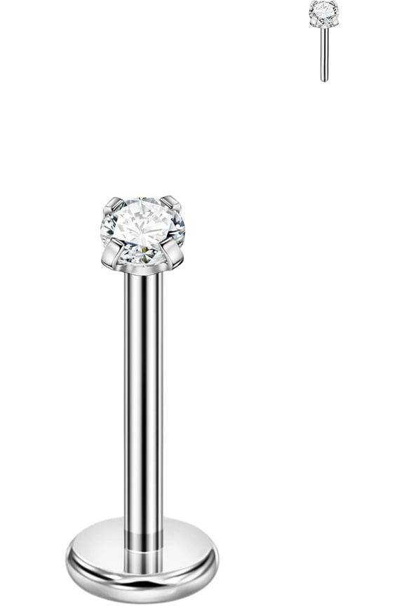 Single 316L Surgical Steel Threadless Labret Stud with CZ for Nose Cartilage Helix Rook Conch Tragus Earlobe Piercings