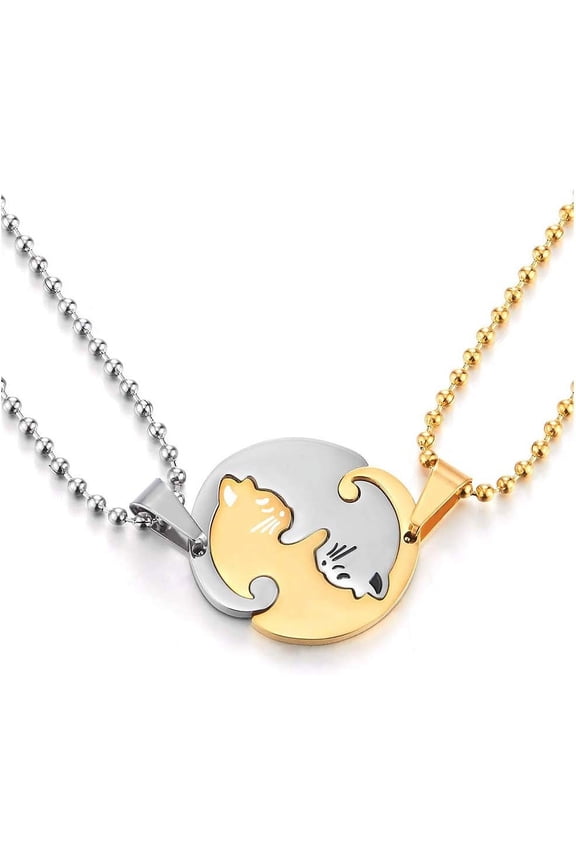 Stainless Steel Cat Couple Necklaces, Two-Tone Yin Yang Kitten Pendants for Partners, Matching Relationship Jewelry Gift for Him & Her