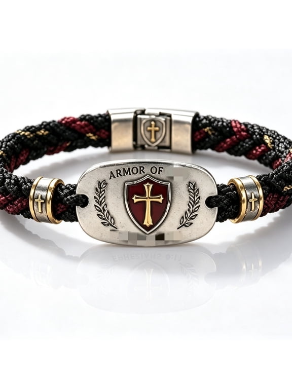 Tarien Vintage Cross Braided Bracelet for Men & Women, Antique Alloy Shield Armor of God Design, 22 Inch Unisex Faith Wristband Jewelry