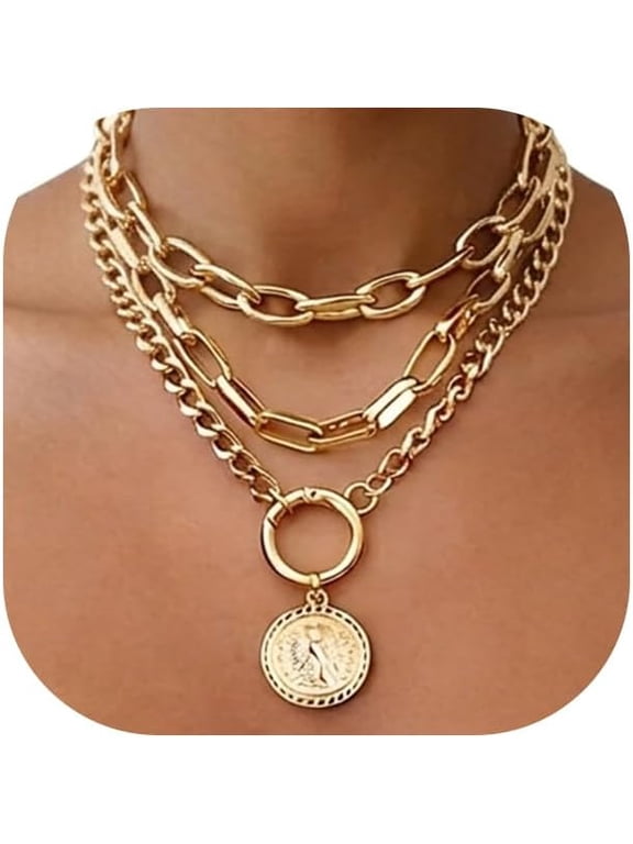Vintage Gold Layered Necklaces for Women Trendy, Chunky Cuban Link Paperclip Chains Necklace Stack, Coin Pendant Necklace Set Jewelry Gifts