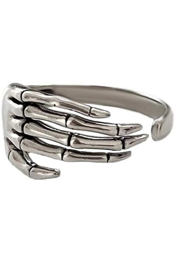 Vintage Skull Hand Ring, S925 Sterling Silver Open Ring, Women's Adjustable and Expandable Oxidized Gothic Skull and Devil Claw Finger Ring, Comfortable Fit, Suitable for Both Men and Women.