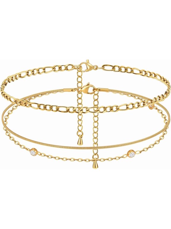 Waterproof Gold Anklets for Women - 14k Gold Plated Ankle Bracelets,Summer Beach Surfer Foot Chain Multilayered Stack Bracelet Anklet Set,Layered Trendy Jewelry for Her Girlfriend