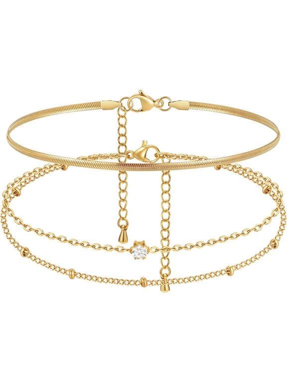 Tarien Waterproof Gold Anklets for Women - 14k Gold Plated Ankle Bracelets,Summer Beach Surfer Foot Chain Multilayered Stack Bracelet Anklet Set,Layered Trendy Jewelry for Her Girlfriend
