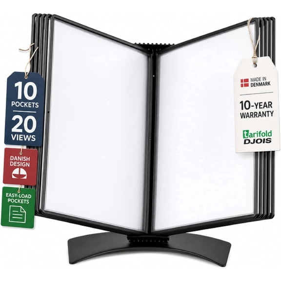 Djois by Tarifold Desktop Document Display Stand & Reference Organizer, 10 Double-Sided Polypropylene Pockets, Easy-Load Design, Letter Size, Black