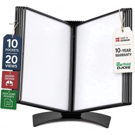 Djois by Tarifold Desktop Document Display Stand & Reference Organizer, 10 Double-Sided Polypropylene Pockets, Easy-Load Design, Letter Size, Black