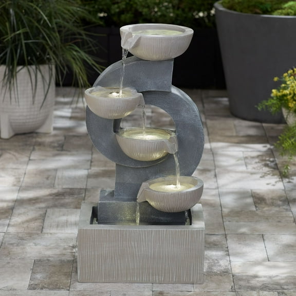 Tarin Four Bowl 23 1/2" High Large Modern Indoor Outdoor Decor Gray Faux Stone Floor Fountain with Light LED