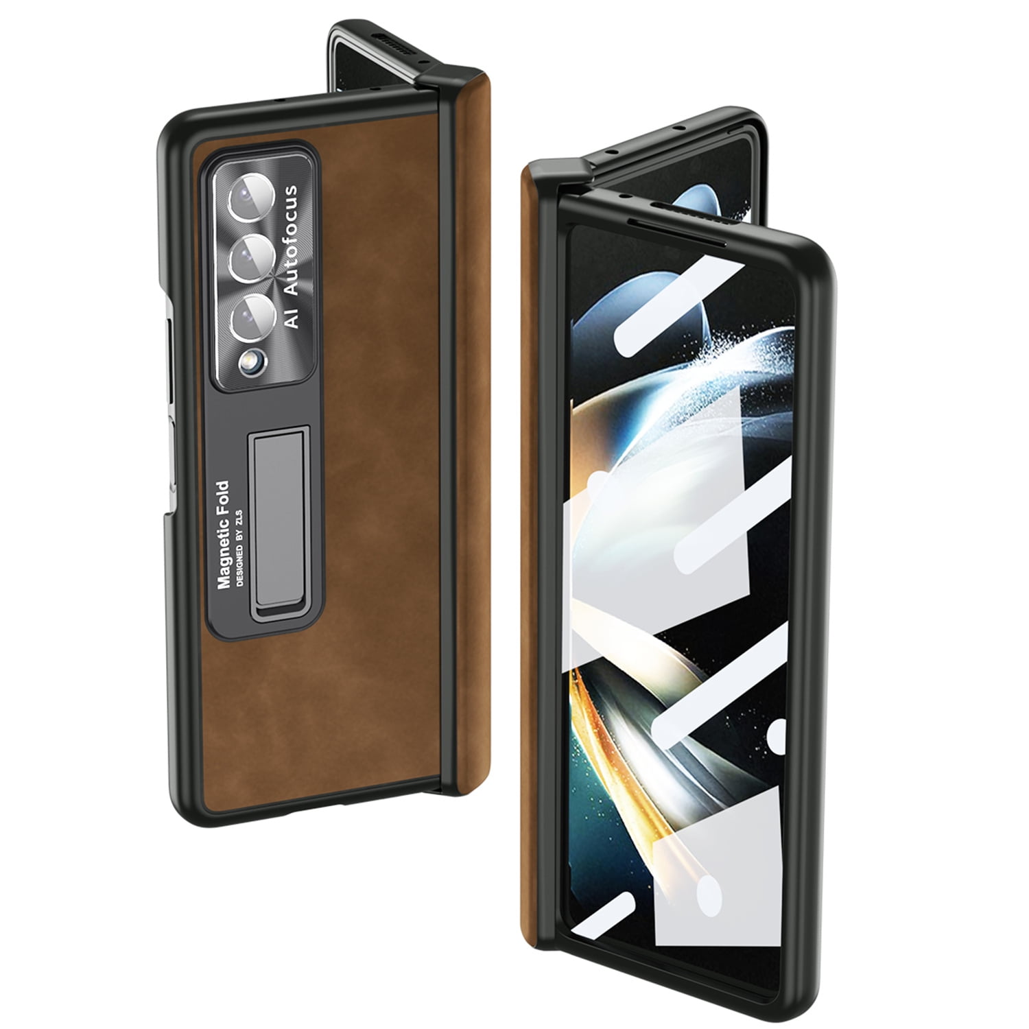 Tarise All-inclusive Cover Case for Samsung Galaxy Z Fold 4 5G 2022, Wireless Charging Camera Lens Protector Screen Protector Magnetic Hinge Protection Drop-Proof Shockproof Kickstand Case, Brown