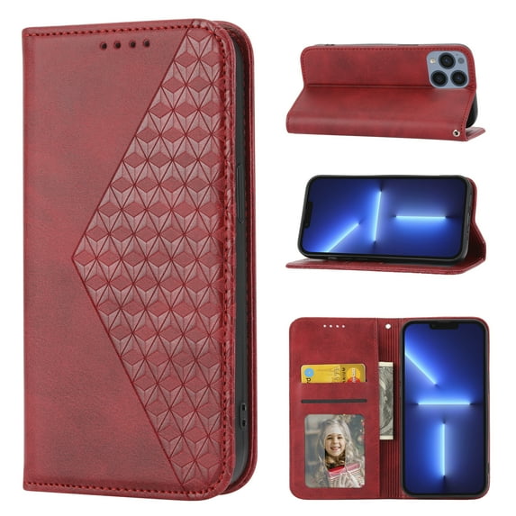 Tarise for Apple iPhone 13 Pro Case, PU Leather Shockproof Flip Folding Kickstand Card Holder Pocket Wallet Wrist Strap Handbag Magnetic Closure Women Men Case Cover for iPhone 13 Pro 6.1 inch, Red
