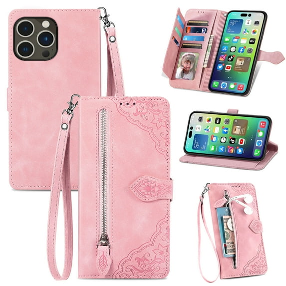 Tarise for Apple iPhone 13 Pro Max Wallet Case for Women Men, iPhone 13 Pro Max Cover, Embossed PU Leather Magnet Buckle Card Slots Zipper Pocket Lanyard Wrist Strap Handbag All-inclusive Case, Pink