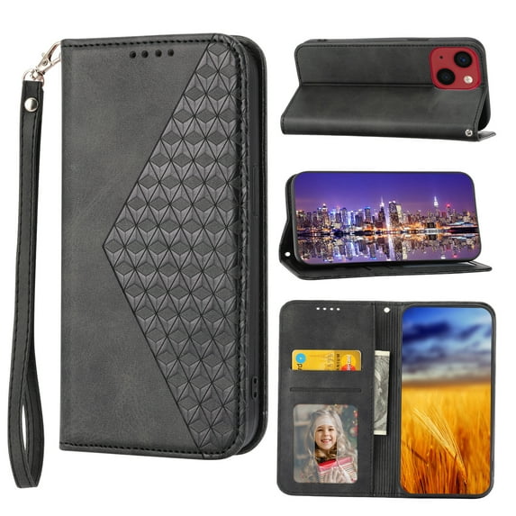Tarise for Apple iPhone 14 Cases Covers, PU Leather Shockproof Flip Folding Kickstand Card Holder Pocket Wallet Wrist Strap Handbag Magnetic Closure Women Men Case Cover for iPhone 14 6.1 inch, Black