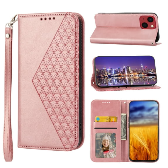 Tarise for Apple iPhone 14 Cases Covers, PU Leather Shockproof Flip Folding Kickstand Card Holder Pocket Wallet Wrist Strap Handbag Magnetic Closure Women Men Case Cover for iPhone 14 6.1 inchRosegold