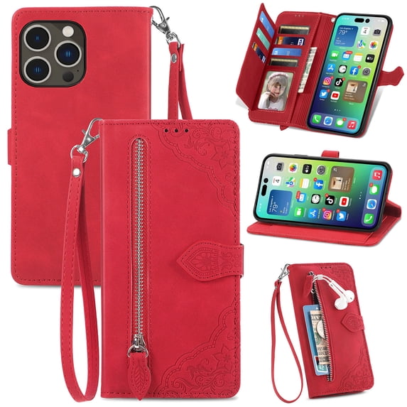 Tarise for Apple iPhone 14 Pro Max Wallet Case for Women Men, iPhone 14 Pro Max Cover, Embossed PU Leather Magnet Buckle Card Slots Zipper Pocket Lanyard Wrist Strap Handbag All-inclusive Case, Red