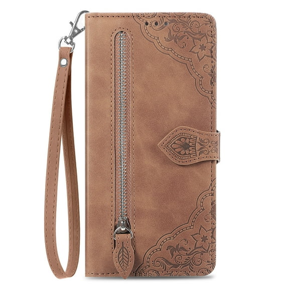 Tarise for Apple iPhone XR Wallet Case for Women Men, iPhone XR Cover, Embossed PU Leather Magnet Buckle Card Slots Zipper Pocket Lanyard Wrist Strap Handbag All-inclusive Protective Case, Brown
