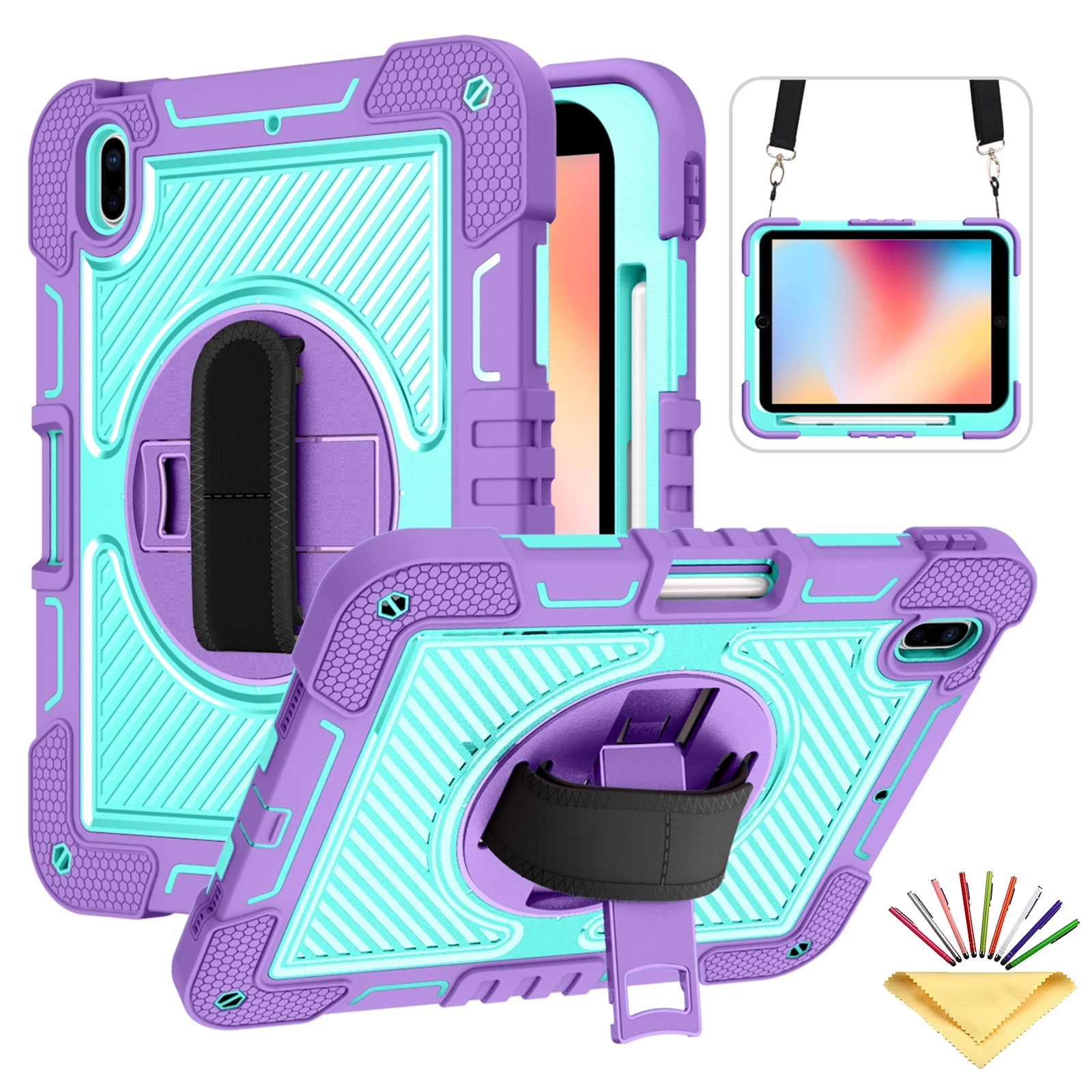Tarise Case for Apple iPad 10th Generation 10.9" (2022), 360° Rotating Kickstand with Pencil Holder/Hand Strap/Shoulder Strap Hard PC Rugged Silicone Shockproof Bumper Stand Cover,Purple + Mint Green