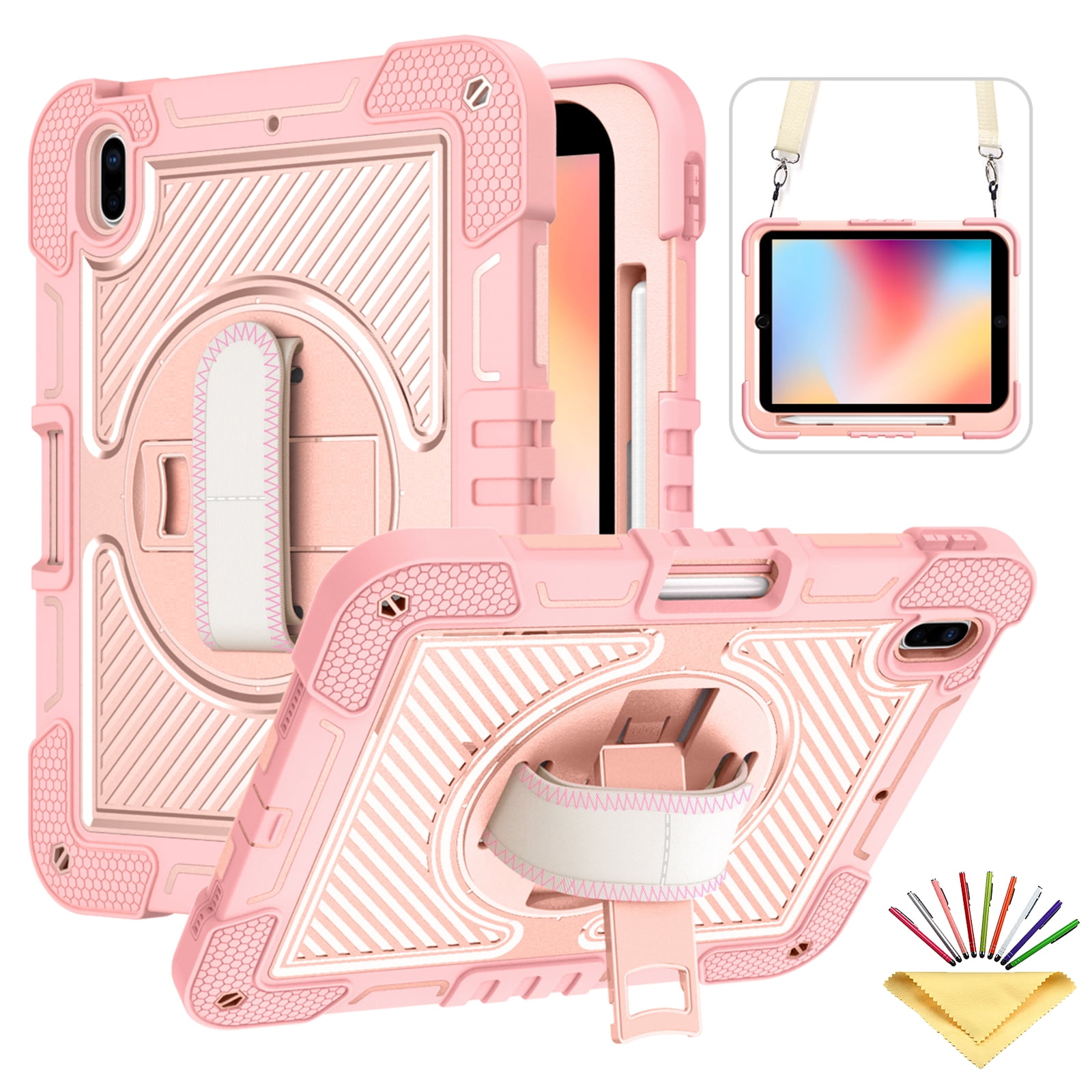 Tarise Case for Apple iPad 10th Generation 10.9 inch (2022), 360° Rotating Kickstand with Pencil Holder/ Hand Strap/ Shoulder Strap Hard PC Rugged Silicone Shockproof Bumper Stand Cover, Rosegold