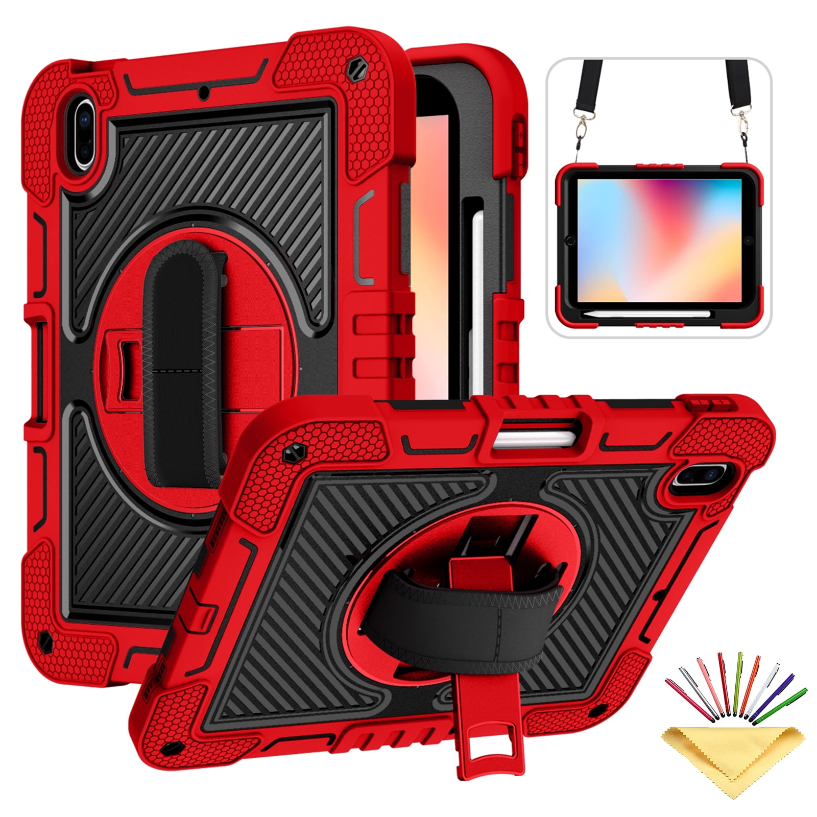 Tarise Case for Apple iPad 10th Generation 10.9 inch (2022), 360° Rotating Kickstand with Pencil Holder/ Hand Strap/ Shoulder Strap Hard PC Rugged Silicone Shockproof Bumper Stand Cover, Red+Black