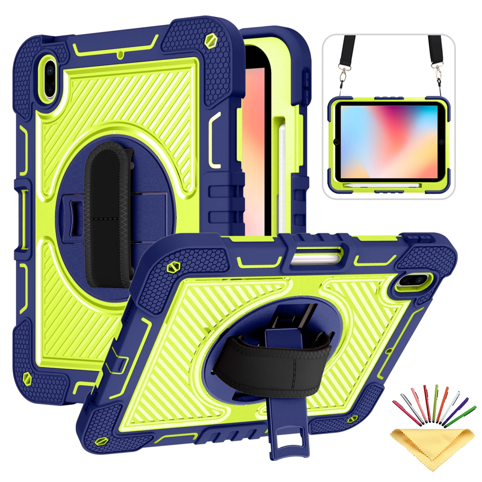 Tarise Case for Apple iPad 10th Generation 10.9 inch (2022), 360° Rotating Kickstand with Pencil Holder/ Hand Strap/ Shoulder Strap Hard PC Rugged Silicone Shockproof Stand Cover, Navy + Yellow Green