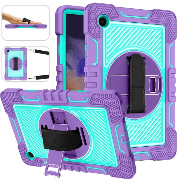 Tarise Case for Samsung Galaxy Tab A8 10.5 inch (2022) (SM-X200/X205/X207) with Hand Strap/Shoulder Strap 360° Rotating Swivel Kickstand Hard Rugged Shockproof Swivel Stand Cover,Purple + Mint Green