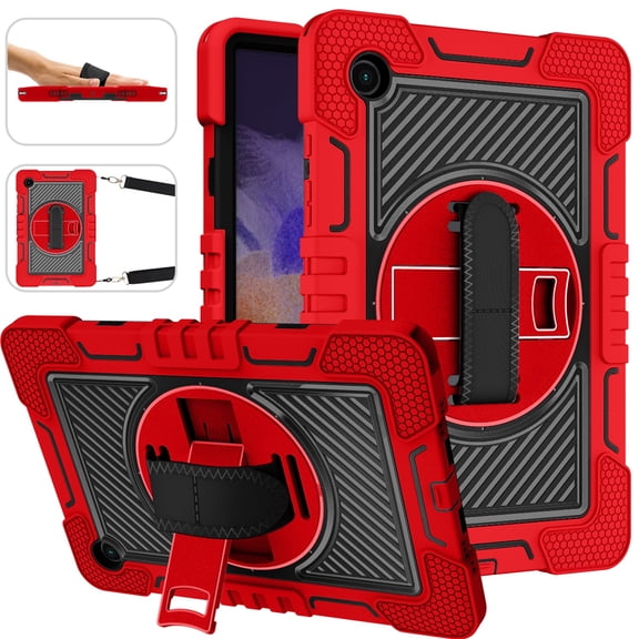 Tarise Case for Samsung Galaxy Tab A8 10.5 inch Tablet 2022 (SM-X200/X205/X207) with Hand Strap & Shoulder Strap [360° Rotating Swivel Kickstand] Hard Rugged Shockproof Swivel Stand Cover,Red + Black